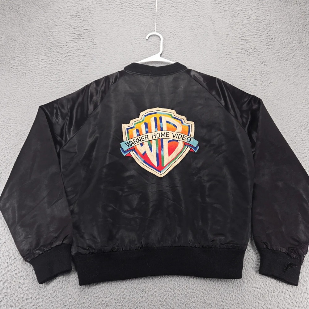 Fad Times Bomber Jacket Mens Large‎ Black Satin Vintage Warner Home Video Patch
